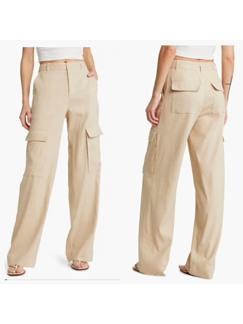 FRAME Women’s Organic Linen Wide-Leg Cargo Pants  Pockets size 0 Sand Beige